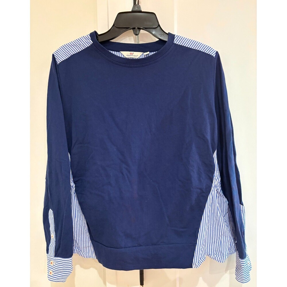 VINEYARD VINES Sweatshirt Women's M Mixed Media Striped Navy Blue White Cotton